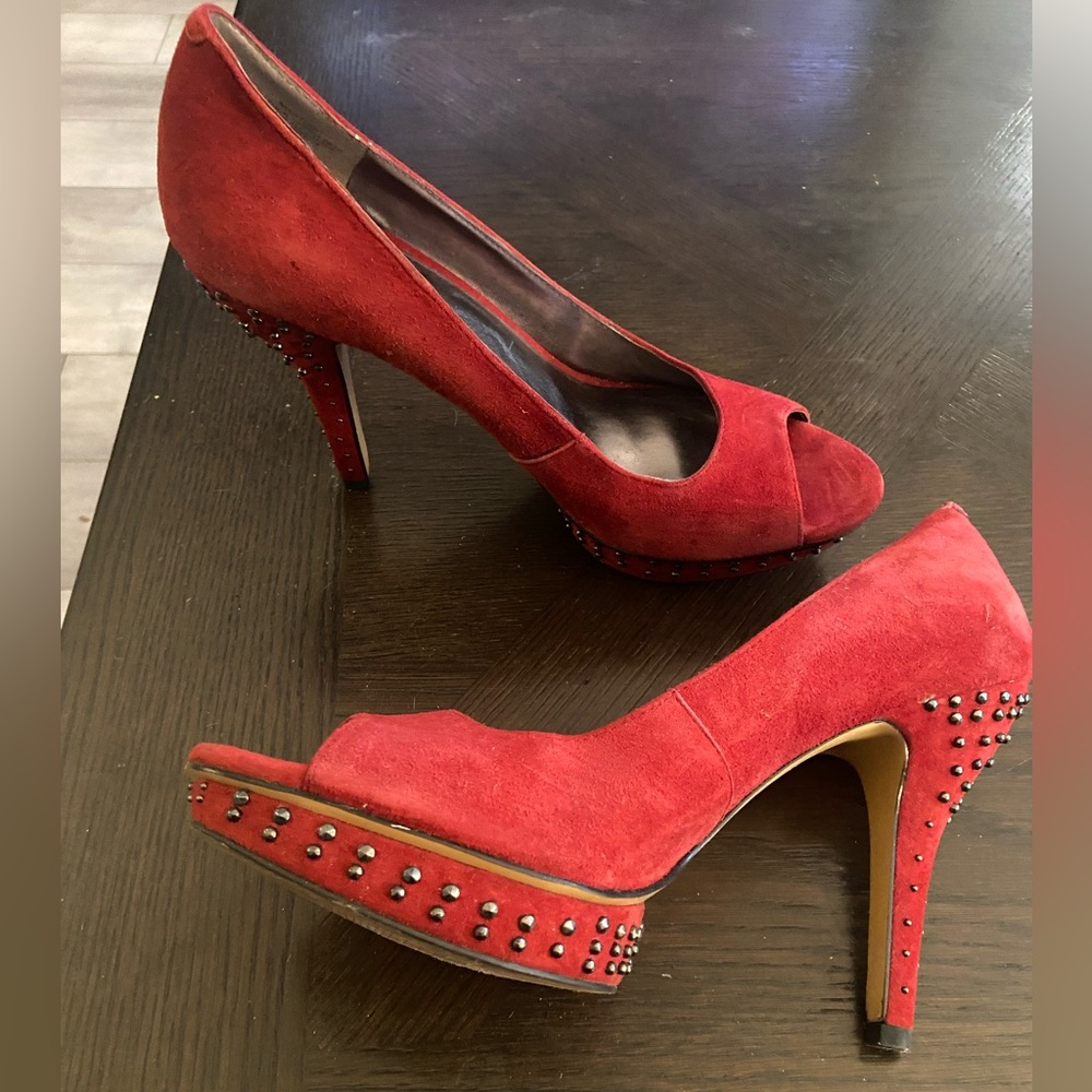 Nine West Red Peep-Toe Heels with Studded Detail